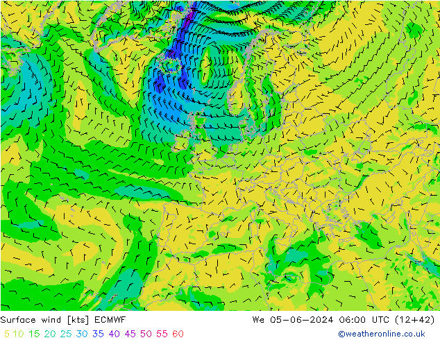 Vento 10 m ECMWF Qua 05.06.2024 06 UTC