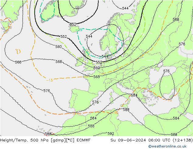 Hoogte/Temp. 500 hPa ECMWF zo 09.06.2024 06 UTC