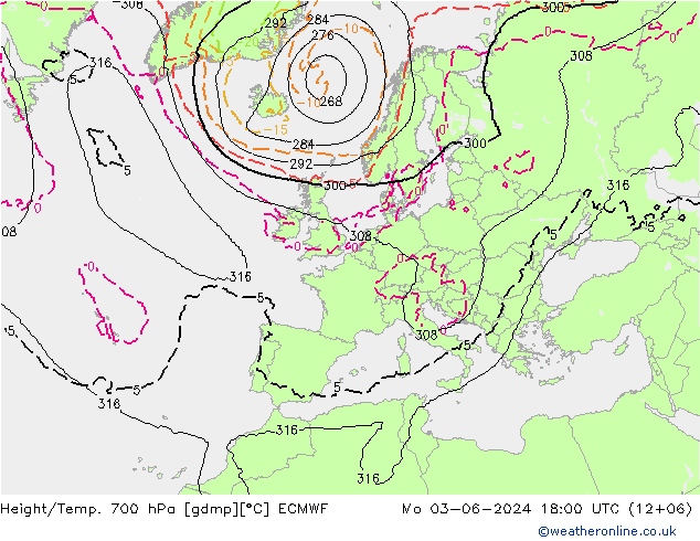 Height/Temp. 700 hPa ECMWF Mo 03.06.2024 18 UTC