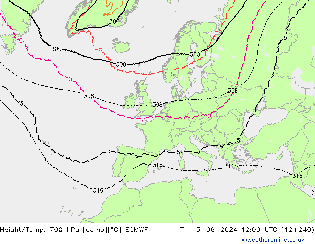 Height/Temp. 700 hPa ECMWF Do 13.06.2024 12 UTC