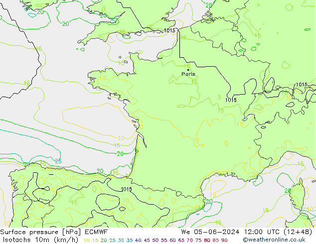 Isotachen (km/h) ECMWF Mi 05.06.2024 12 UTC