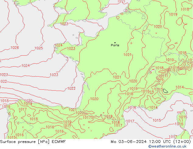 Surface pressure ECMWF Mo 03.06.2024 12 UTC