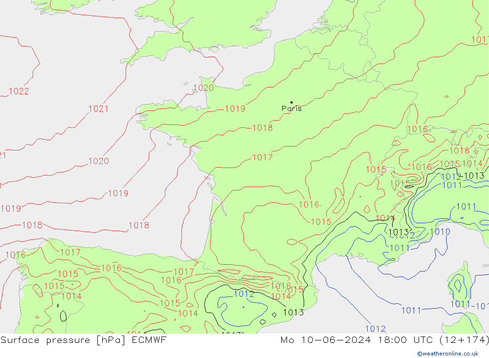 Surface pressure ECMWF Mo 10.06.2024 18 UTC