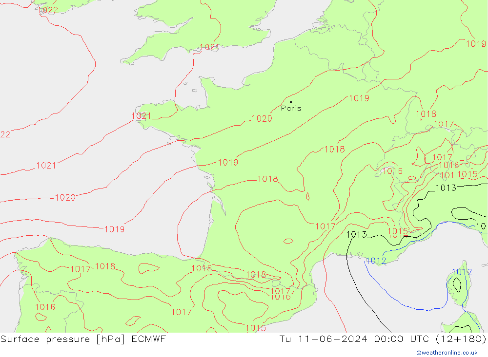 Surface pressure ECMWF Tu 11.06.2024 00 UTC