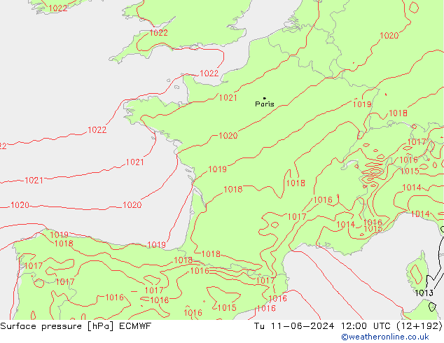 Surface pressure ECMWF Tu 11.06.2024 12 UTC