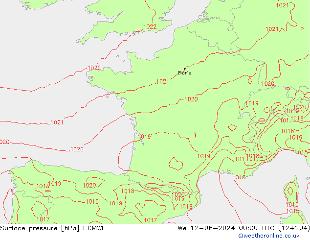 Atmosférický tlak ECMWF St 12.06.2024 00 UTC