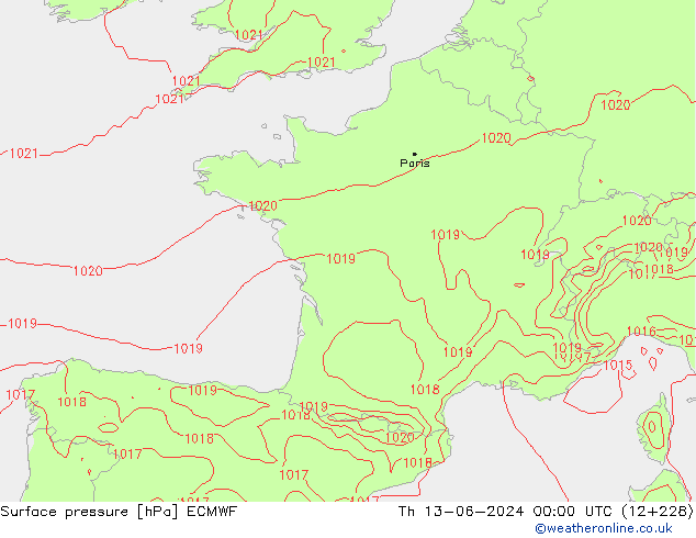 Pressione al suolo ECMWF gio 13.06.2024 00 UTC