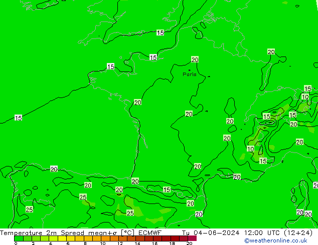 Temperatura 2m Spread ECMWF mar 04.06.2024 12 UTC