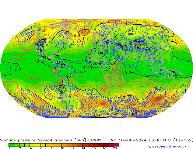 Presión superficial Spread ECMWF lun 10.06.2024 06 UTC