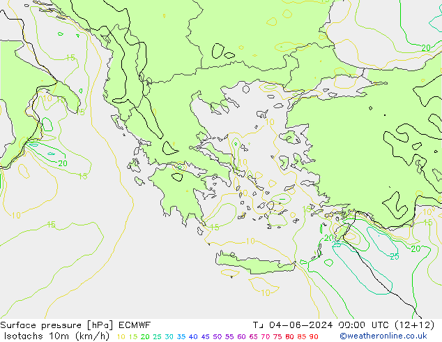 Isotachs (kph) ECMWF Út 04.06.2024 00 UTC