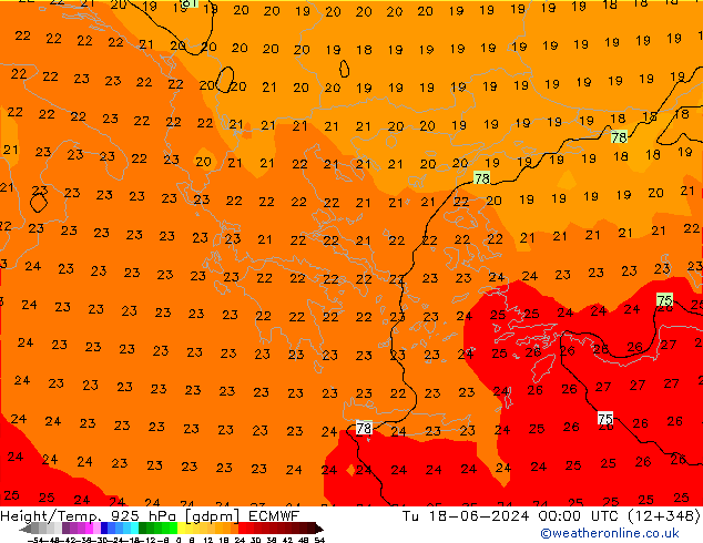 Hoogte/Temp. 925 hPa ECMWF di 18.06.2024 00 UTC