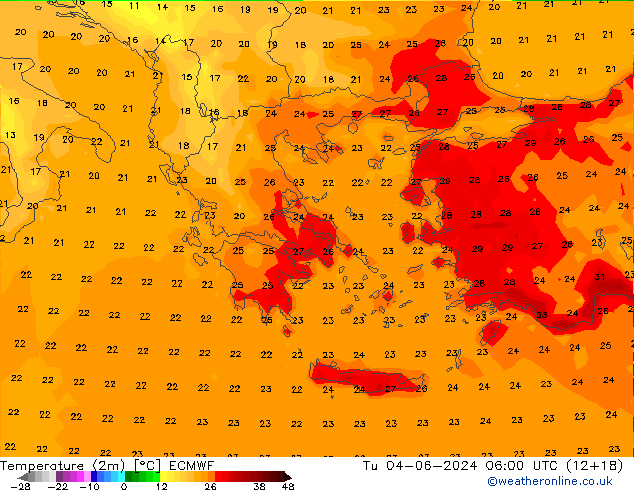 Temperatuurkaart (2m) ECMWF di 04.06.2024 06 UTC