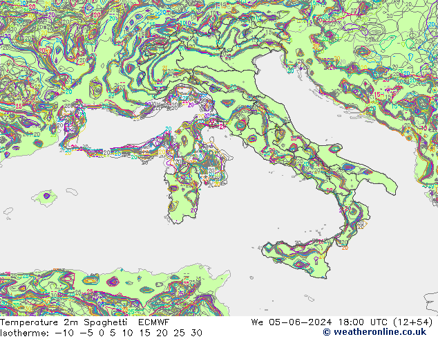 Temperature 2m Spaghetti ECMWF We 05.06.2024 18 UTC