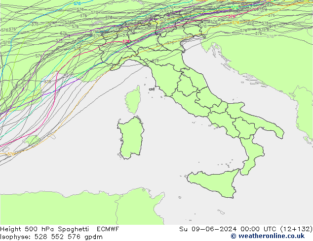 Height 500 hPa Spaghetti ECMWF Dom 09.06.2024 00 UTC