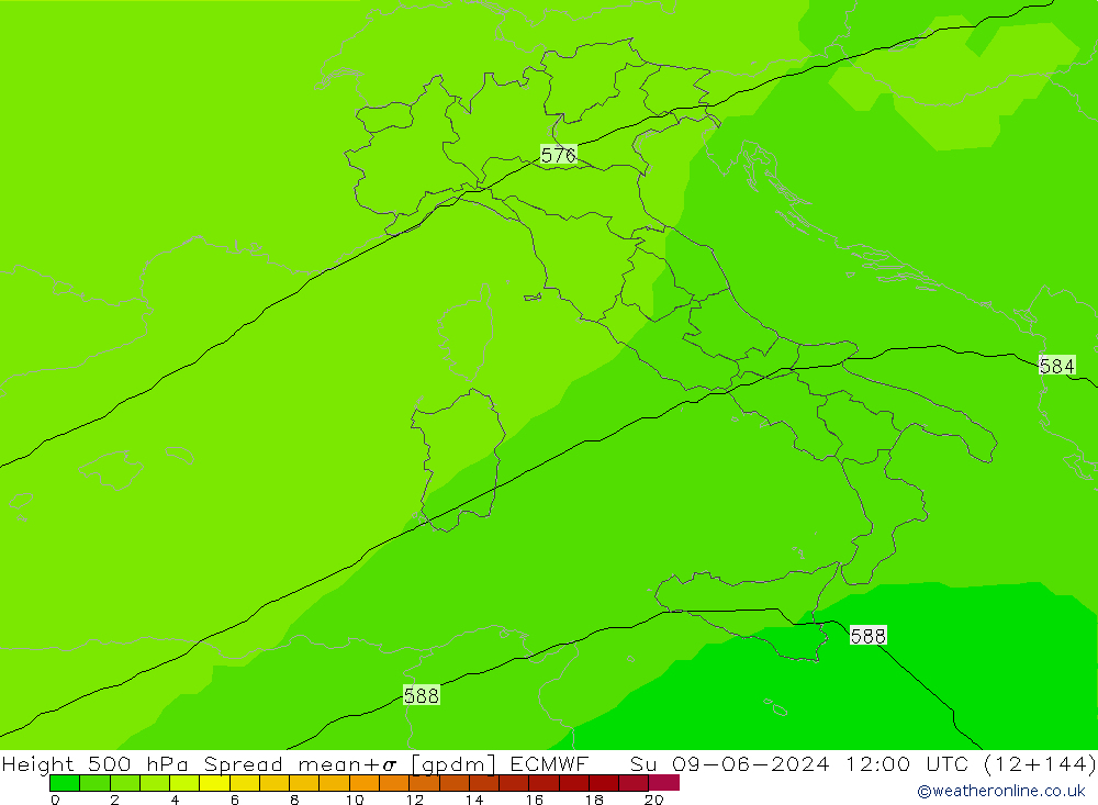 Hoogte 500 hPa Spread ECMWF zo 09.06.2024 12 UTC