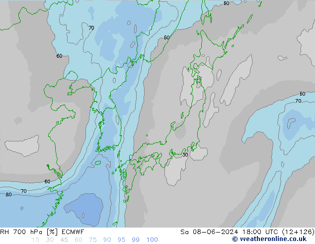 RH 700 hPa ECMWF so. 08.06.2024 18 UTC