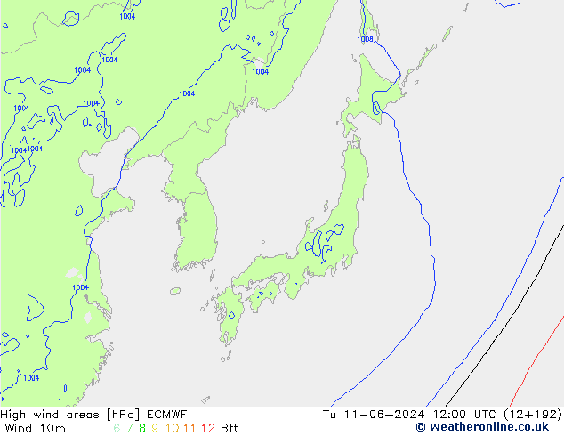 High wind areas ECMWF Út 11.06.2024 12 UTC