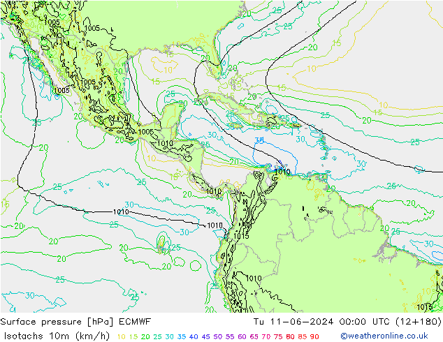 Isotachs (kph) ECMWF вт 11.06.2024 00 UTC