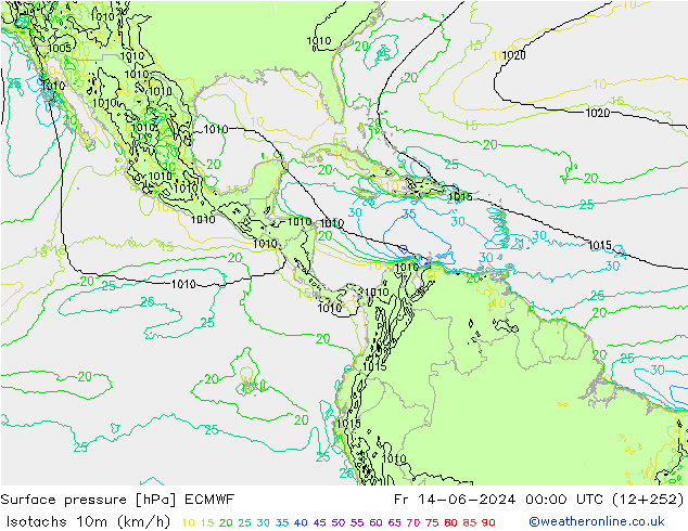 Isotachs (kph) ECMWF  14.06.2024 00 UTC