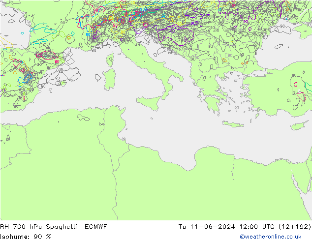 700 hPa Nispi Nem Spaghetti ECMWF Sa 11.06.2024 12 UTC