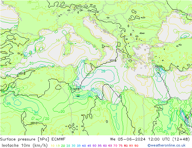 Isotachs (kph) ECMWF  05.06.2024 12 UTC