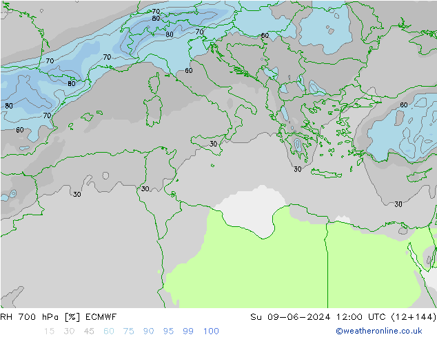 RH 700 hPa ECMWF Su 09.06.2024 12 UTC