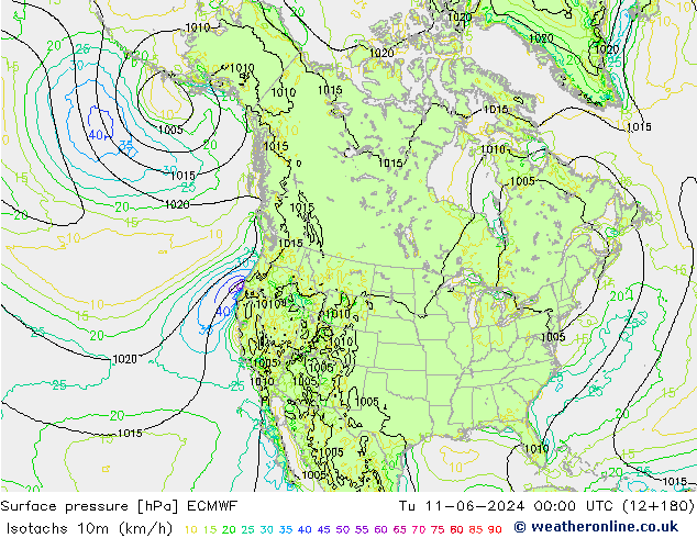 Izotacha (km/godz) ECMWF wto. 11.06.2024 00 UTC