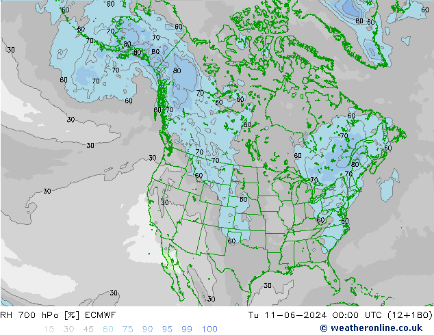 RH 700 hPa ECMWF wto. 11.06.2024 00 UTC