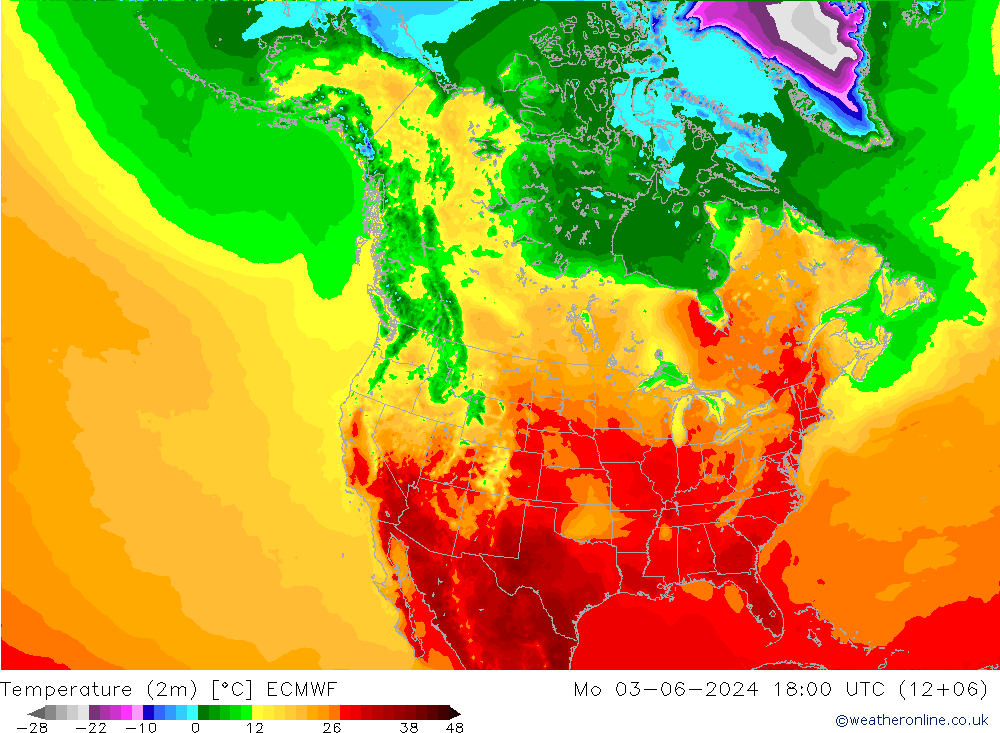 Sıcaklık Haritası (2m) ECMWF Pzt 03.06.2024 18 UTC