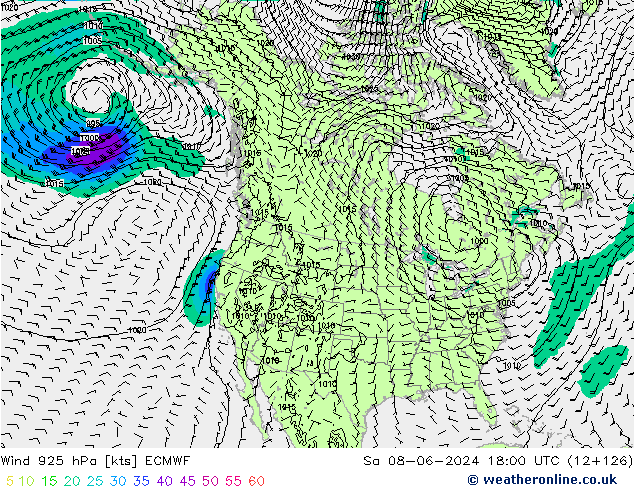 Viento 925 hPa ECMWF sáb 08.06.2024 18 UTC