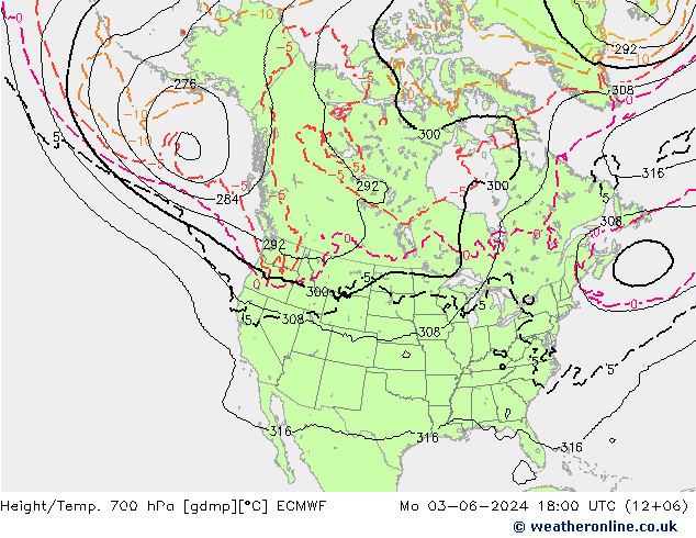 Height/Temp. 700 hPa ECMWF lun 03.06.2024 18 UTC