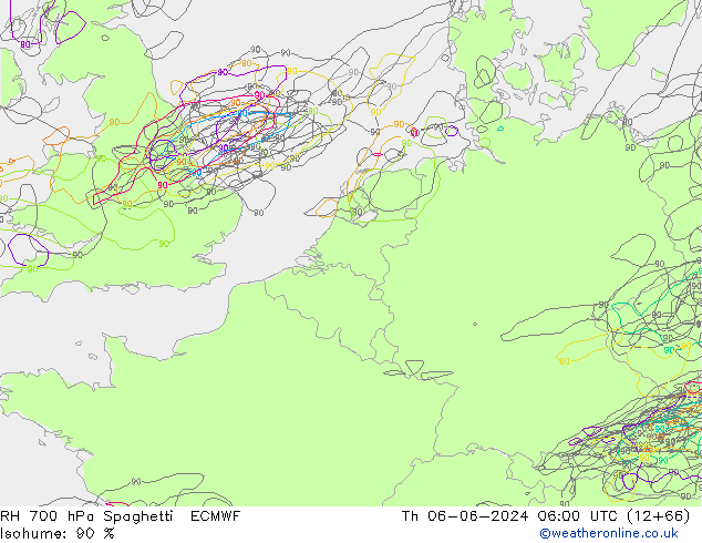 RH 700 гПа Spaghetti ECMWF чт 06.06.2024 06 UTC