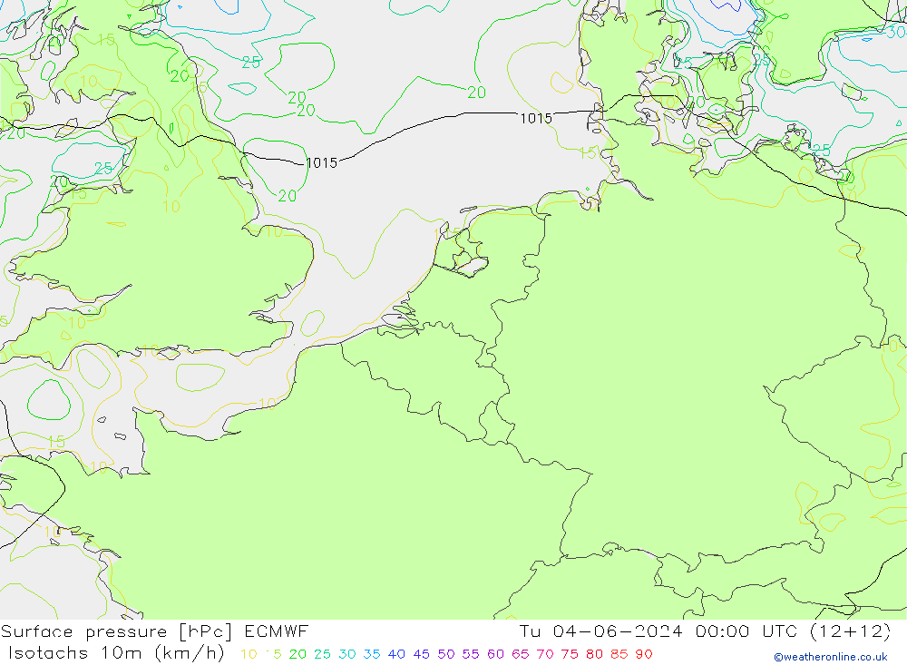 Isotachs (kph) ECMWF Út 04.06.2024 00 UTC