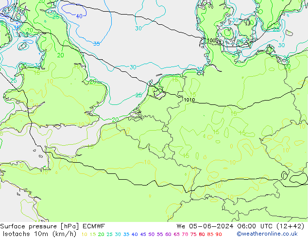 Isotachs (kph) ECMWF mer 05.06.2024 06 UTC