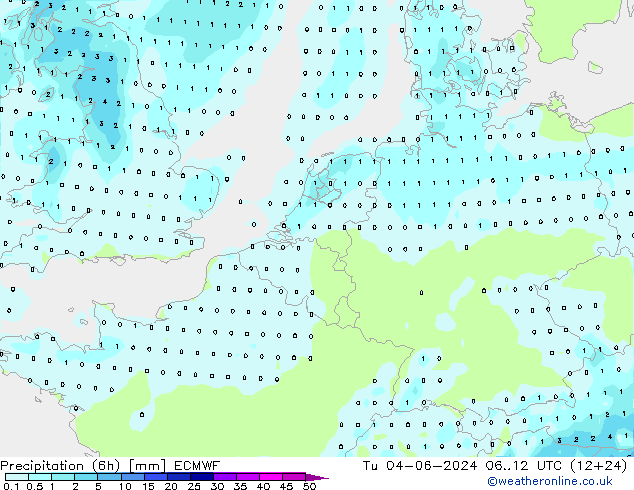 Totale neerslag (6h) ECMWF di 04.06.2024 12 UTC