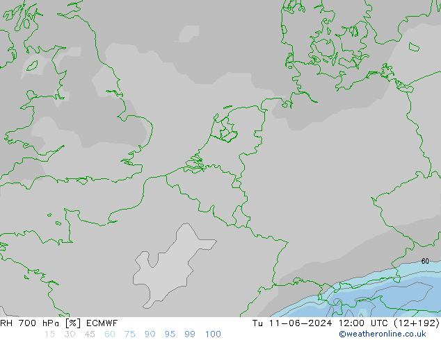 RH 700 hPa ECMWF wto. 11.06.2024 12 UTC