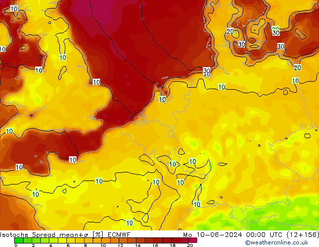 Isotachs Spread ECMWF lun 10.06.2024 00 UTC