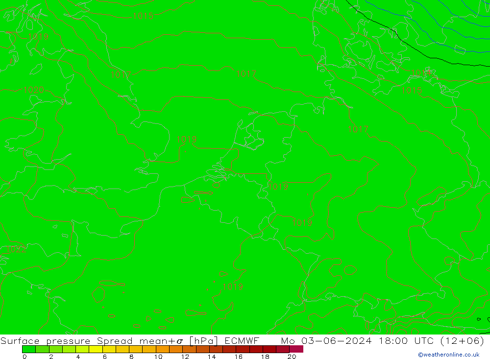 Surface pressure Spread ECMWF Mo 03.06.2024 18 UTC