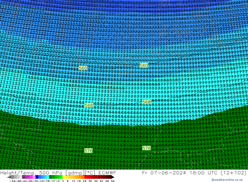 Geop./Temp. 500 hPa ECMWF vie 07.06.2024 18 UTC