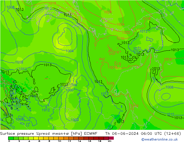 Pressione al suolo Spread ECMWF gio 06.06.2024 06 UTC