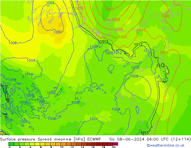 Presión superficial Spread ECMWF sáb 08.06.2024 06 UTC