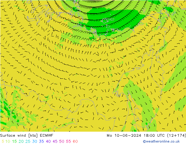 Vento 10 m ECMWF lun 10.06.2024 18 UTC