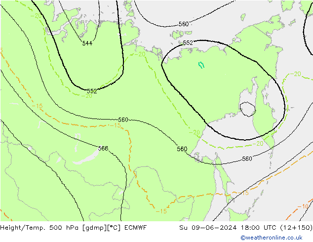 Height/Temp. 500 hPa ECMWF Su 09.06.2024 18 UTC