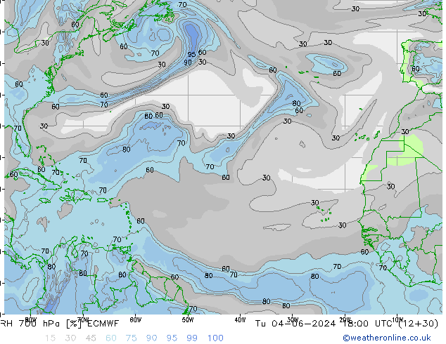 RH 700 hPa ECMWF Tu 04.06.2024 18 UTC