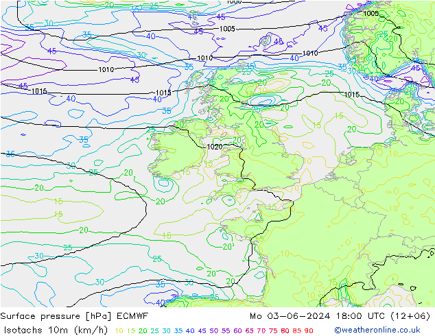 Isotachs (kph) ECMWF Po 03.06.2024 18 UTC