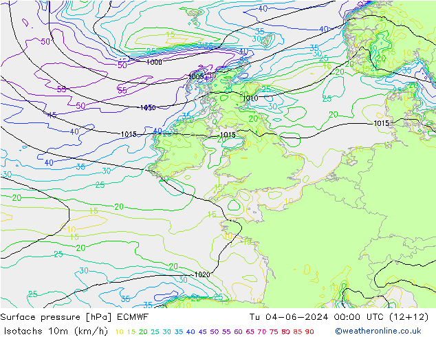 Isotachs (kph) ECMWF Tu 04.06.2024 00 UTC