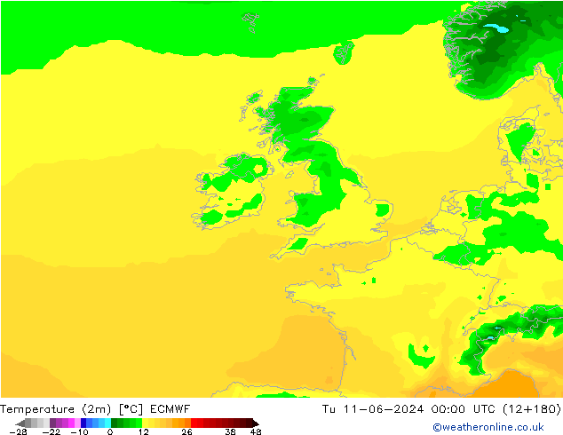 mapa temperatury (2m) ECMWF wto. 11.06.2024 00 UTC