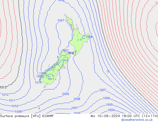 pressão do solo ECMWF Seg 10.06.2024 18 UTC