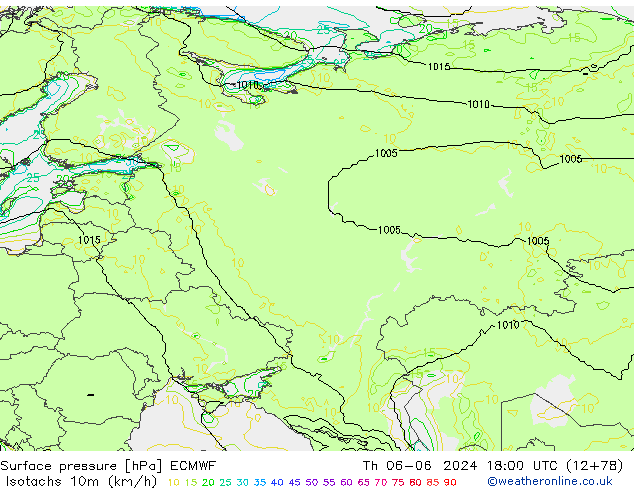 Isotachs (kph) ECMWF Th 06.06.2024 18 UTC