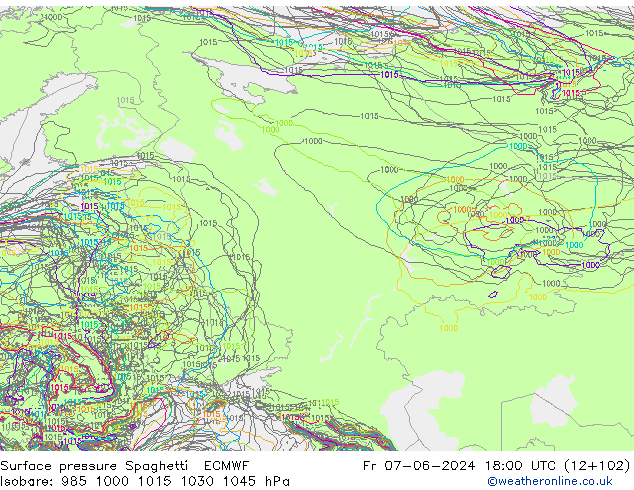 Luchtdruk op zeeniveau Spaghetti ECMWF vr 07.06.2024 18 UTC